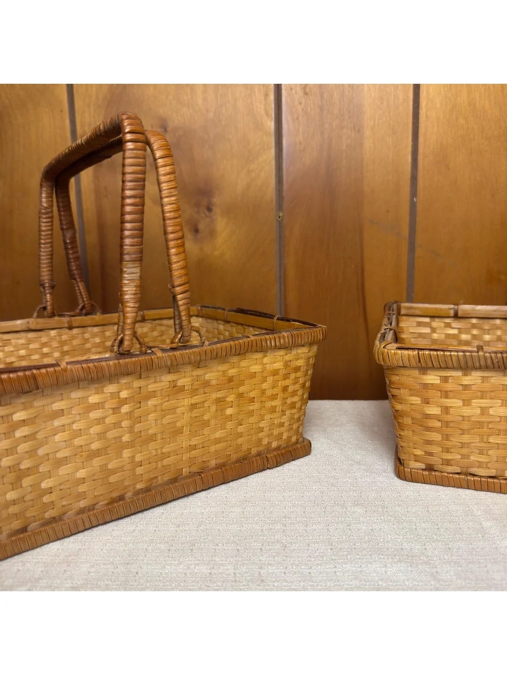 Vintage Woven Rattan Basket Rectangular Handled Storage Basket Boho Decor